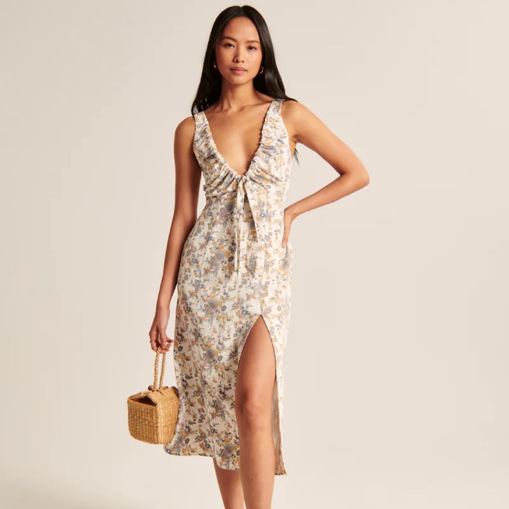 Abercrombie & Fitch Cinched Neck Slip Midi Dress